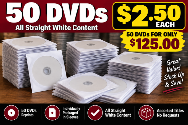 50 Reprinted DVDs.  The same videos on reprinted DVDs. All White, Straight