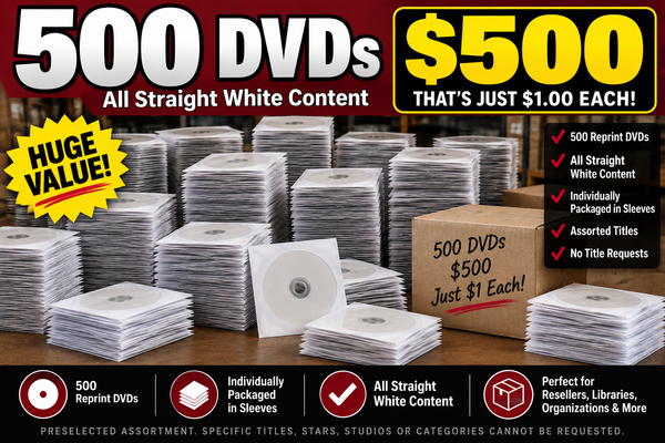 500 Reprinted DVDs.  The same videos on reprinted DVDs. All White, Straight